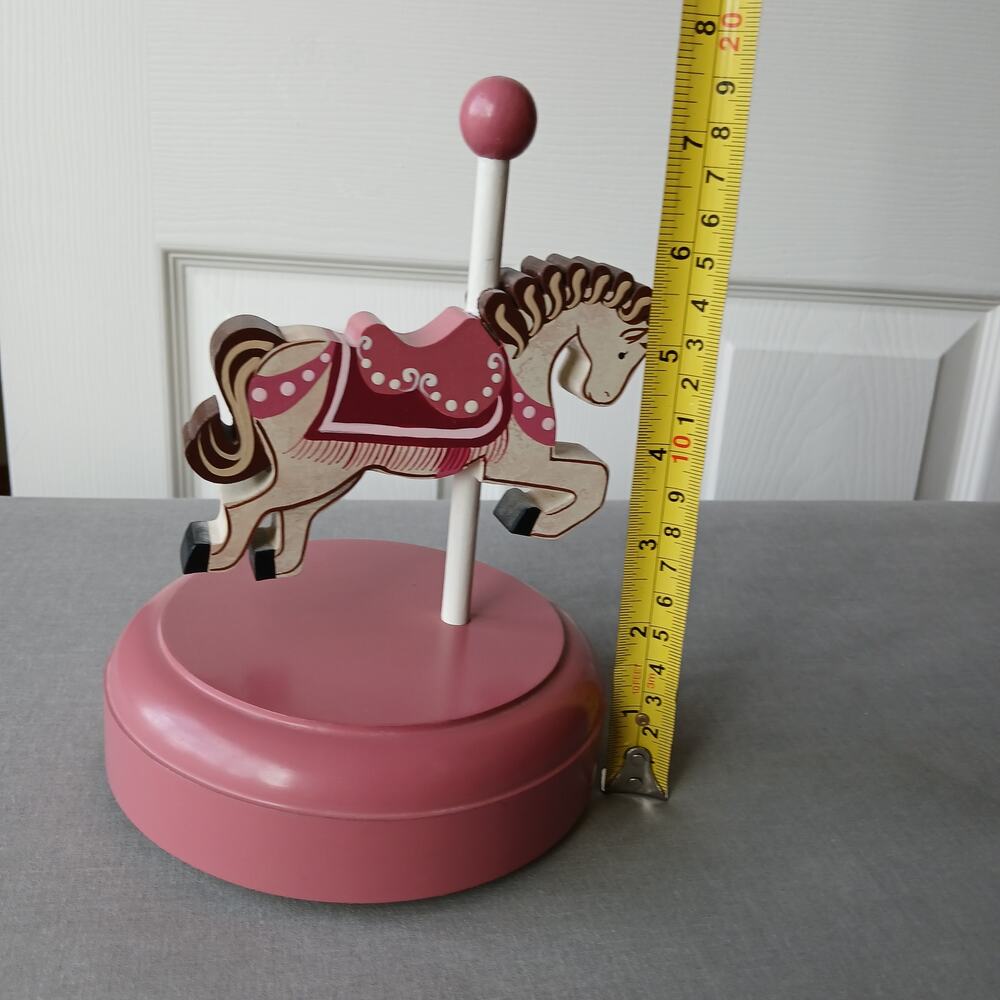 Vintage Handmade Wooden Carousel Horse Music Box pink "Dancer" 5"diameter 7.5"H - Picture 9 of 10